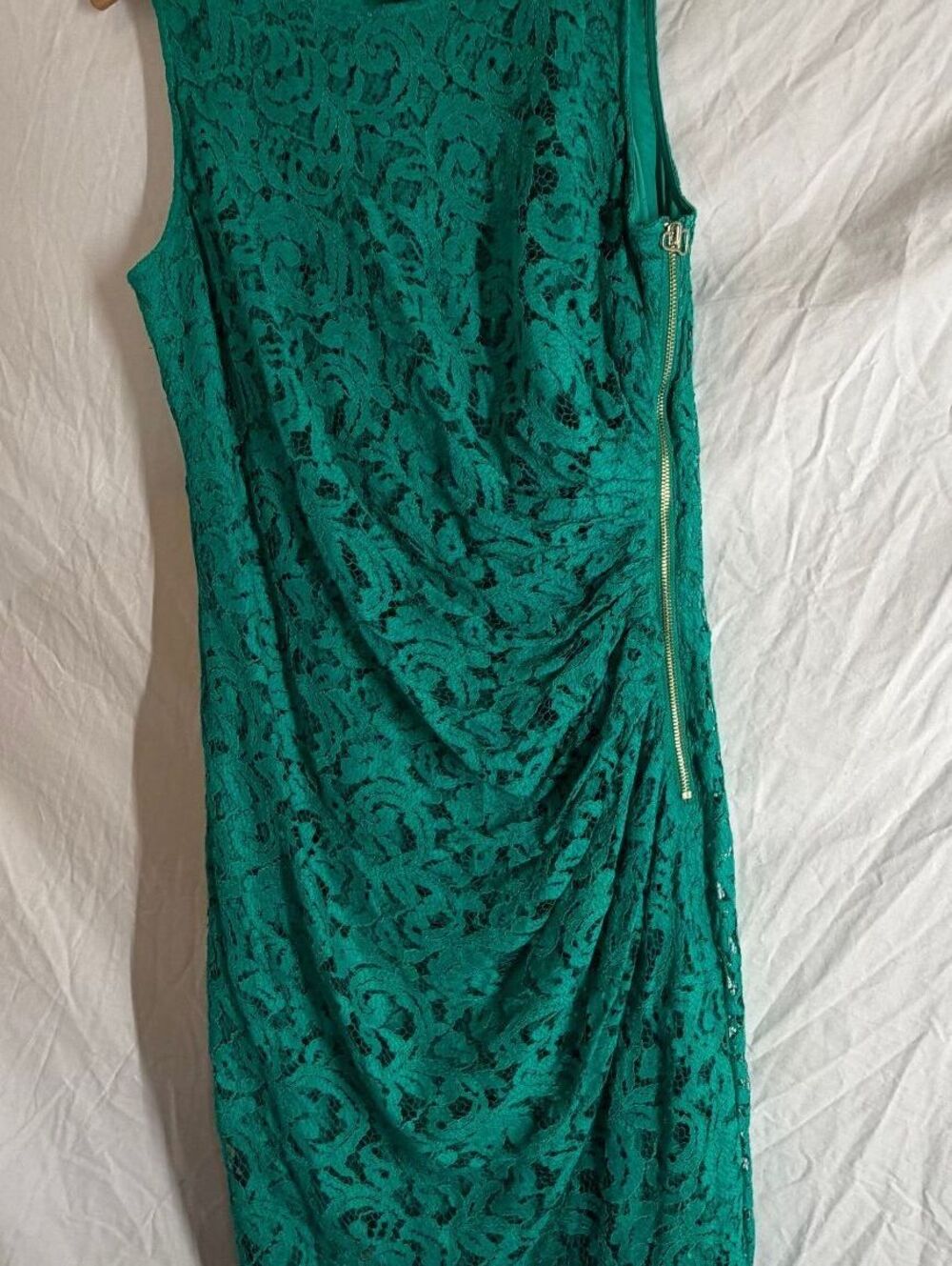 Adrianna Papell Women's Green Lace Ruched Sheath Dress Size 14 Gold Side Zipper